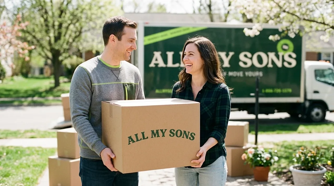 Candid lifestyle photography of a happy family moving into a new home on a bright, sunny spring day to celebrate National Mov