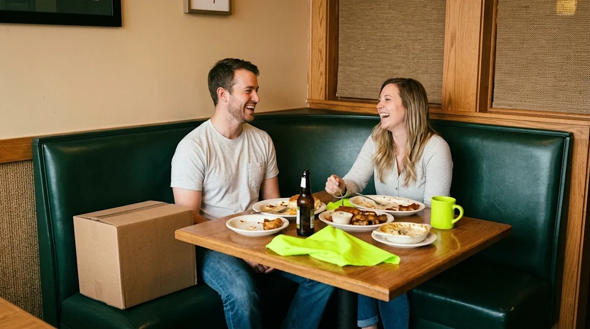 A candid, documentary-style lifestyle photograph with a warm, nostalgic 35mm film aesthetic. A happy couple sits in a cozy, l