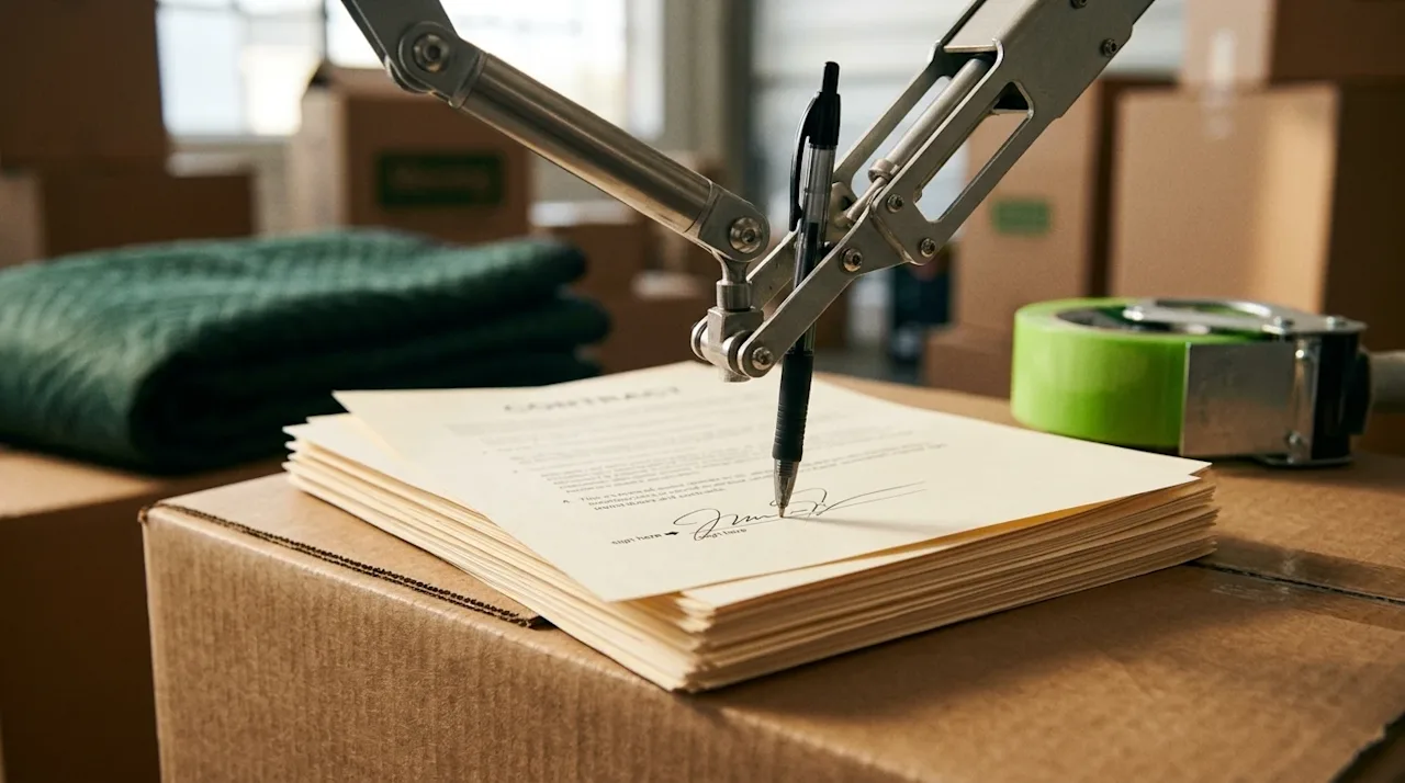 A high-quality, realistic editorial photograph illustrating the concept of "robo signing" in a moving and storage context. A