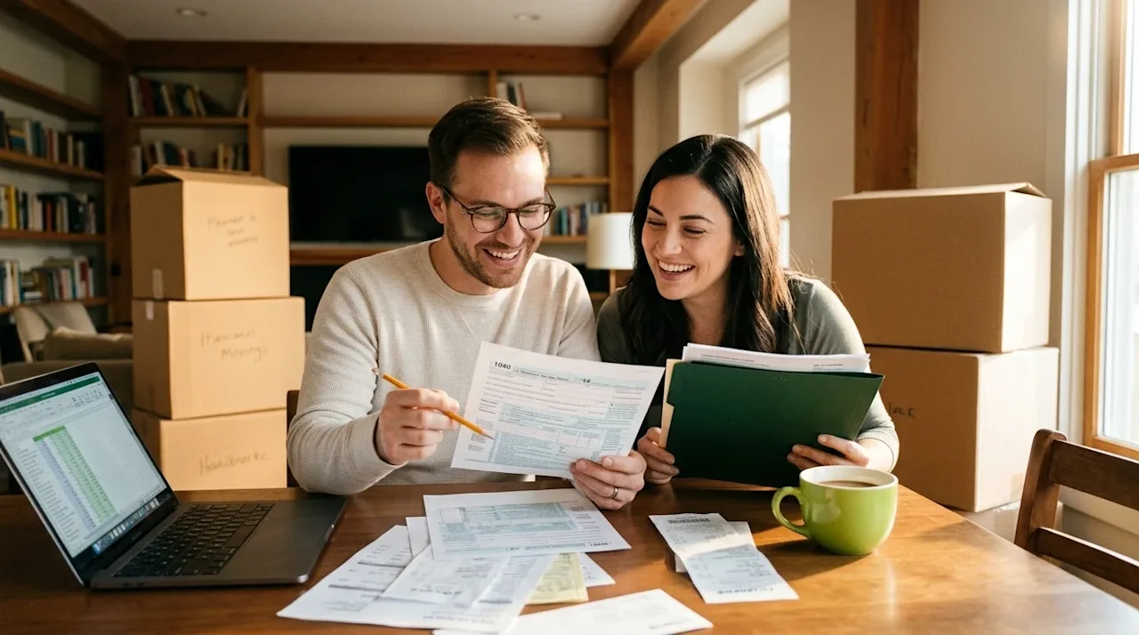Candid lifestyle photography of a smiling couple sitting at a warm wooden dining table in their new home, reviewing financial