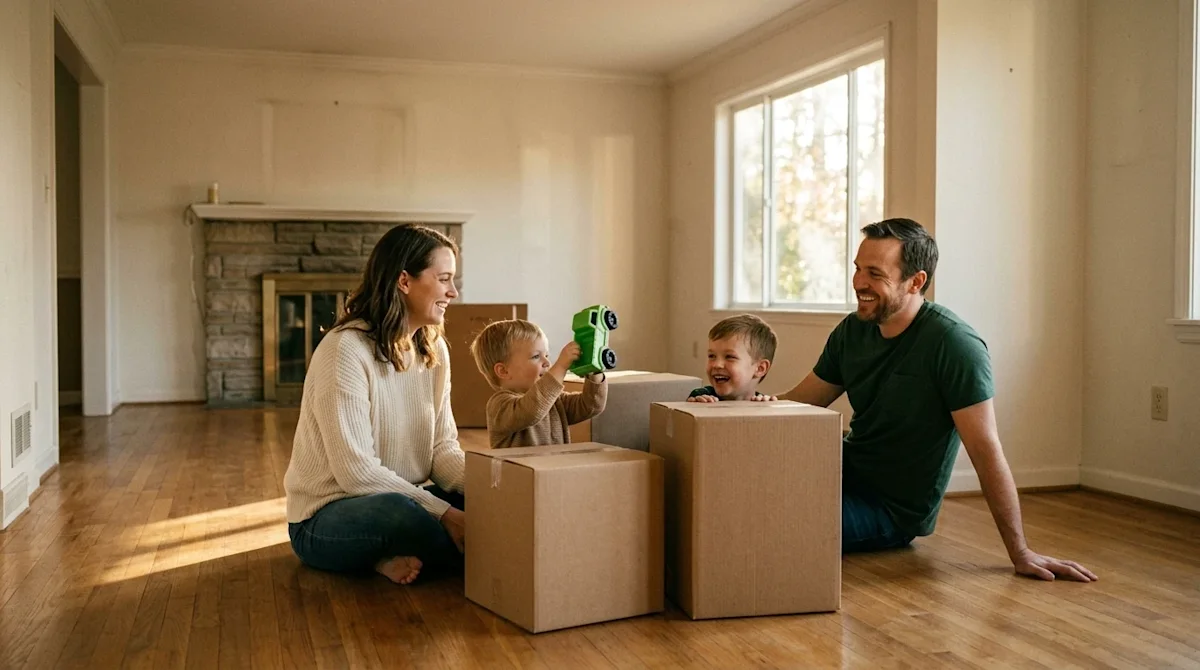 Professional marketing photography of a happy family taking a break on moving day inside a traditional, sunlit home. A mother