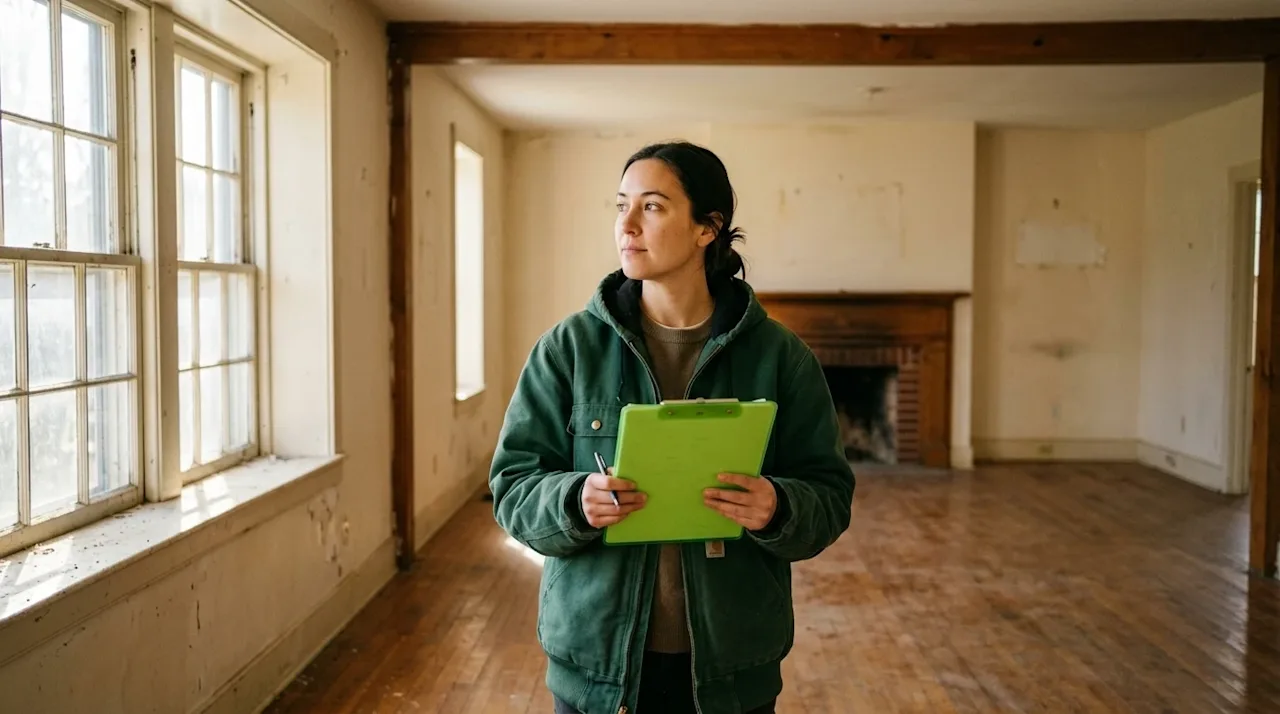 A 35mm film photograph of a new homeowner inspecting the dusty interior of an empty, slightly rundown abandoned house before