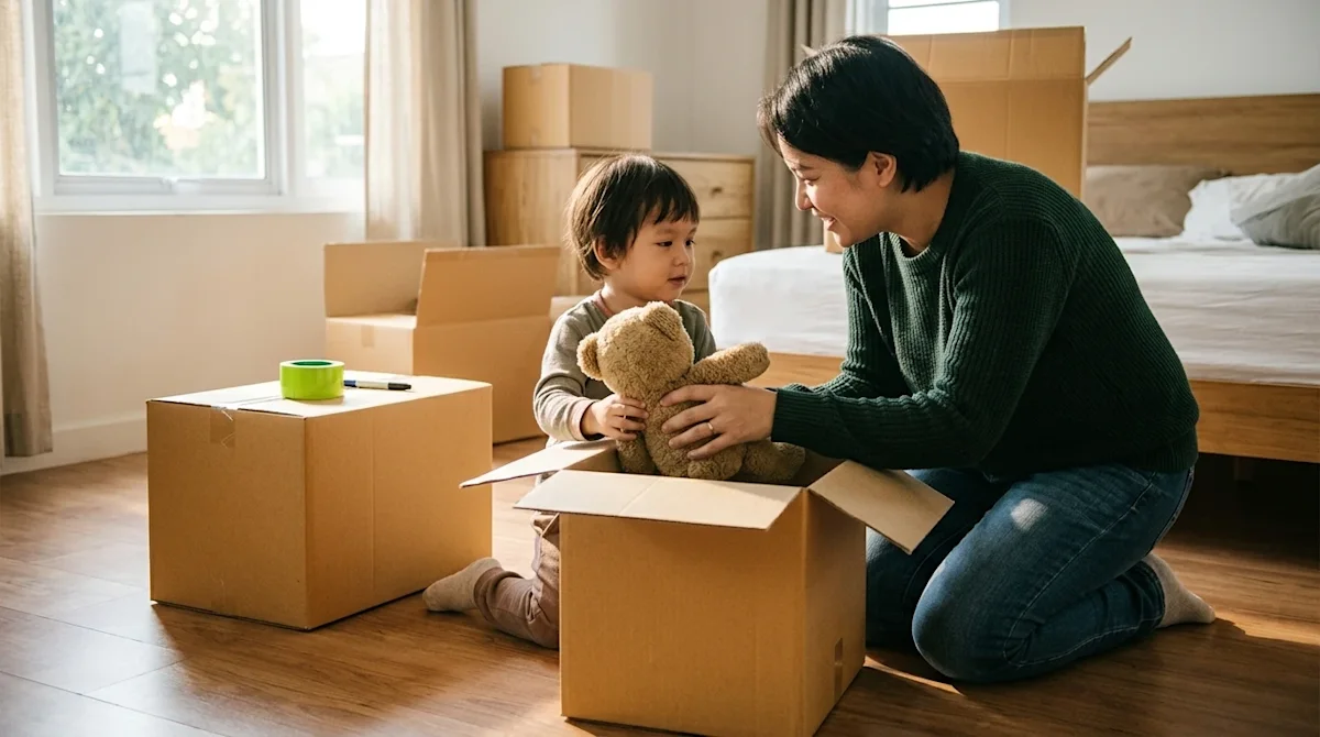 Candid, warm lifestyle photography with a subtle vintage film aesthetic. A caring parent kneeling on a warm hardwood floor, g