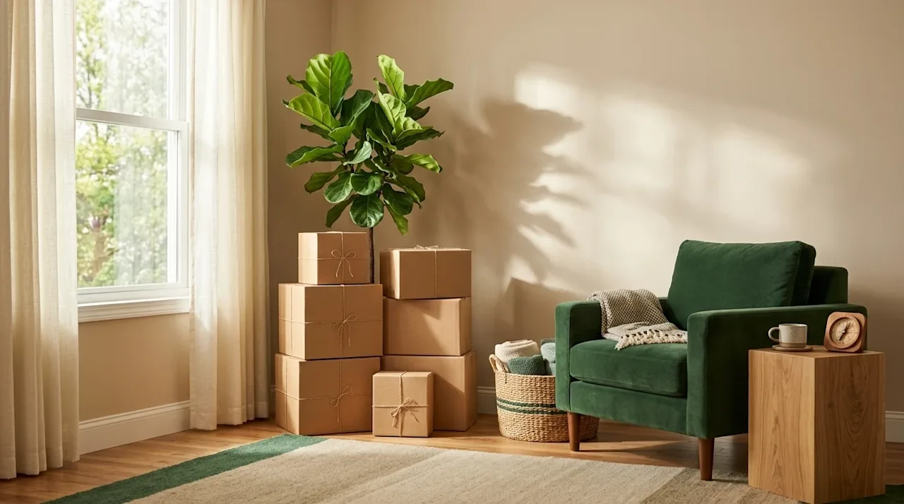 A photorealistic, elegantly composed photograph of a serene, sunlit living room seamlessly blending moving day with the harmo