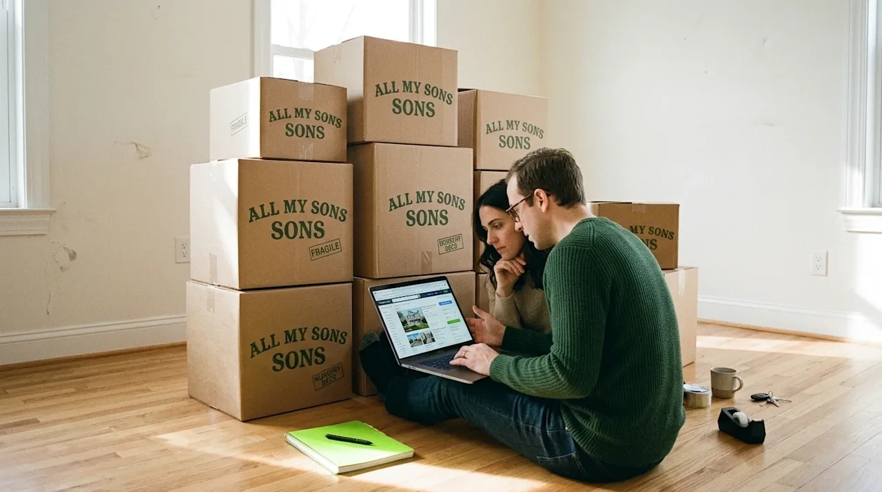 A candid, lifestyle photograph representing the theme of a tight housing market. A concerned but hopeful young couple sits on