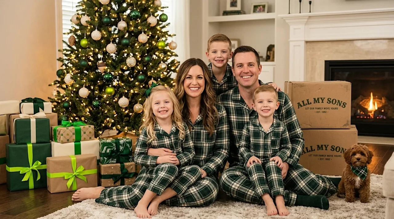 Professional marketing photography of a happy family posing for a themed Christmas portrait in their cozy living room. The fa