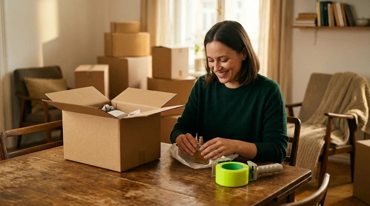 Authentic, candid 35mm film-style lifestyle photography of a happy homeowner packing their cozy living room for an upcoming m