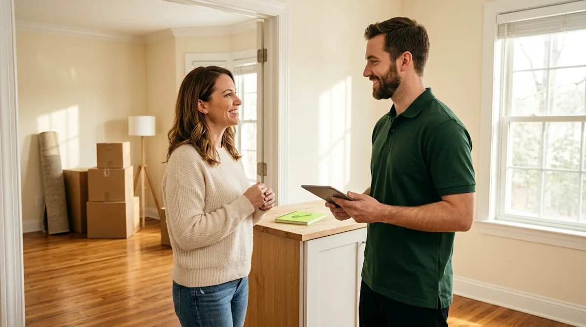 Professional marketing lifestyle photography of a smiling homeowner warmly greeting a professional home service technician in
