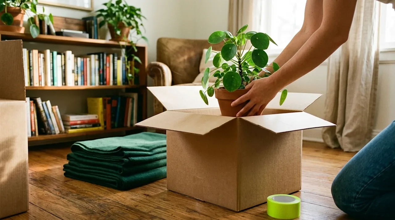 Candid lifestyle photography of a stress-free, eco-friendly move. A person's hands gently packing a lush, leafy green housepl