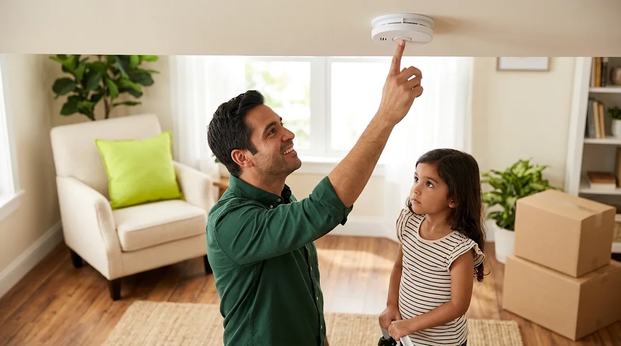 A clear, professional marketing photograph of a father and young daughter in a bright, inviting living room, focused on home