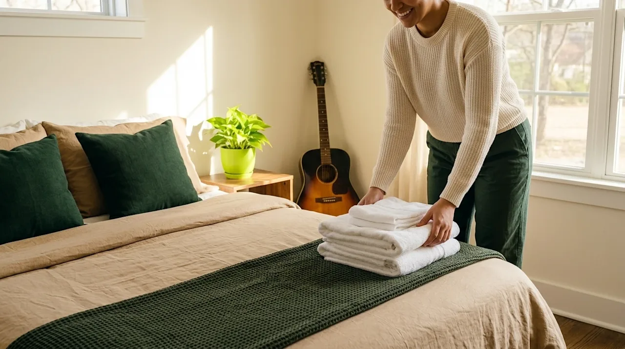 Professional marketing photography of a warm, inviting guest bedroom being prepared for visitors in a welcoming Memphis home.