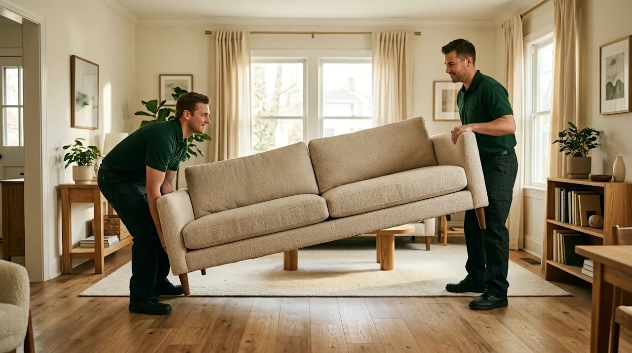 Authentic lifestyle photography of two professional movers carefully repositioning a heavy, elegant beige sofa inside a warml