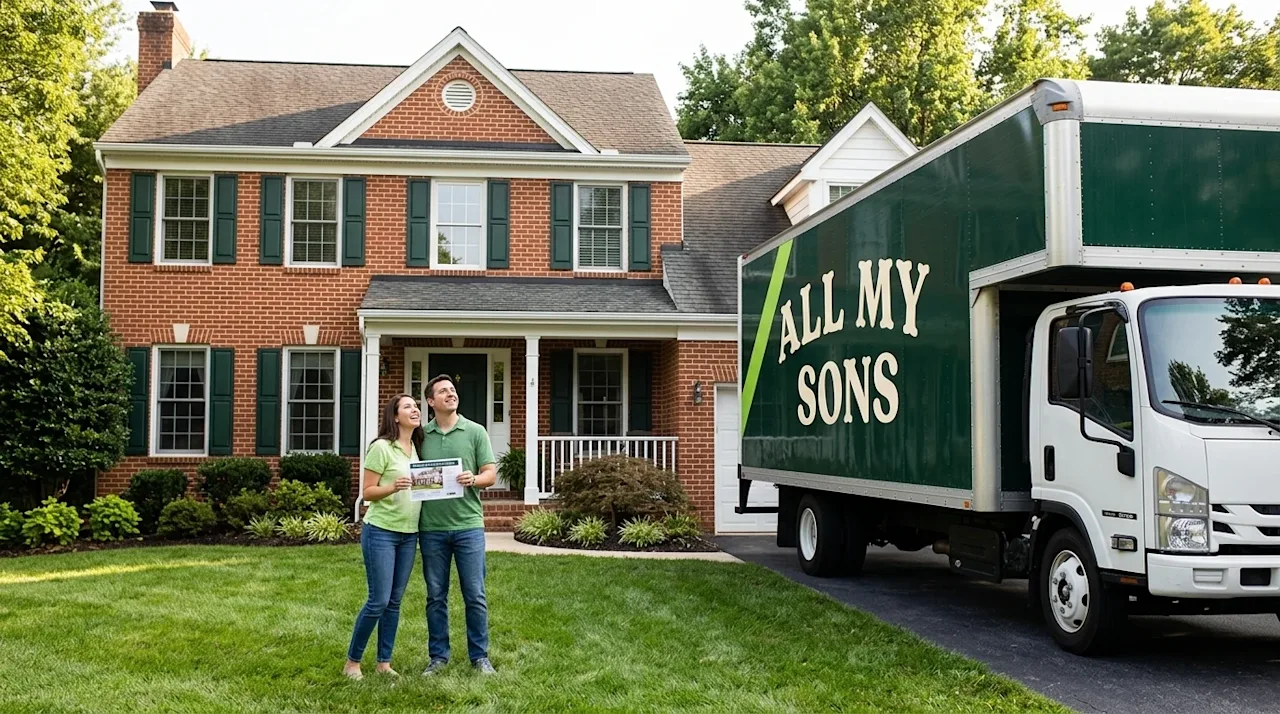 A photorealistic lifestyle and architectural photograph representing Maryland home listings. A charming, classic red brick co