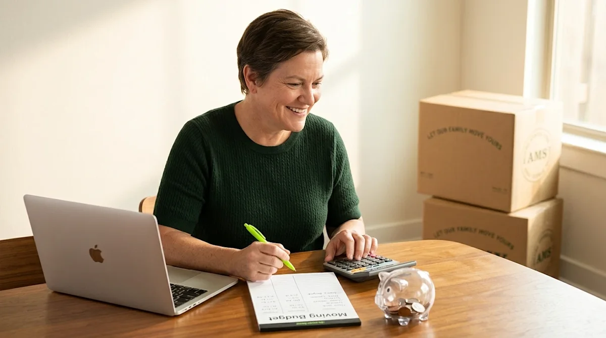 A professional lifestyle marketing photograph of a smiling person sitting at a dining table, confidently planning their movin