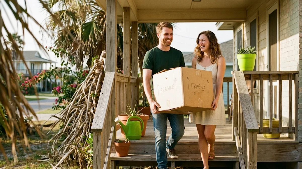 A candid, warm lifestyle photograph of a happy couple arriving at their new coastal Texas home, representing a move to Corpus