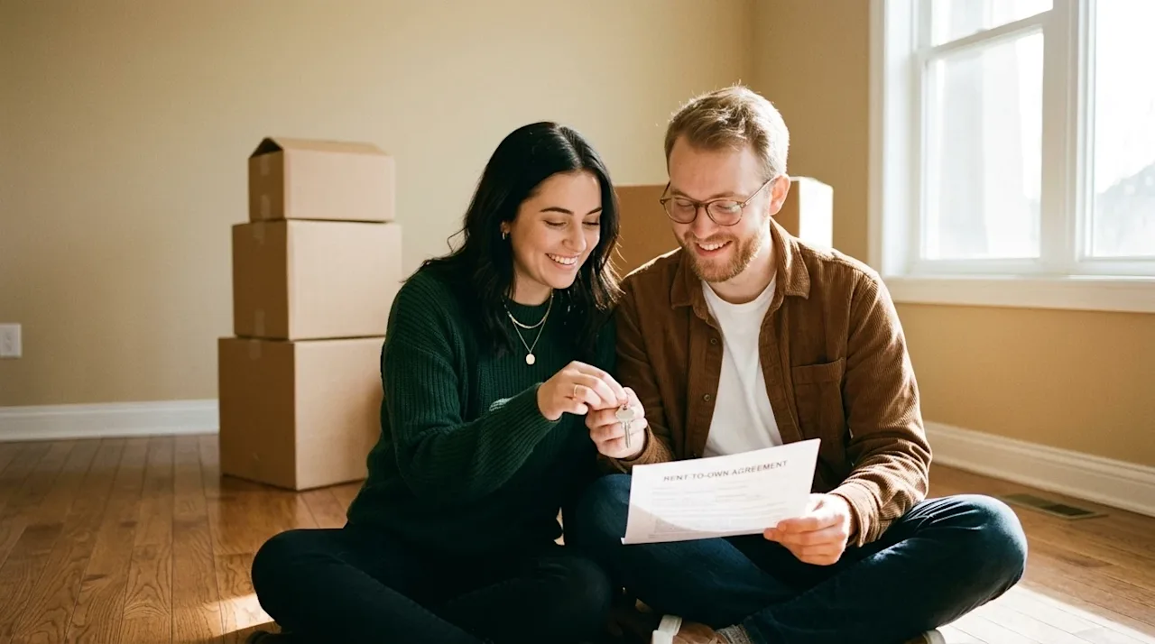 Authentic lifestyle photography of a young, happy couple sitting on the hardwood floor of a sunlit, partially empty living ro