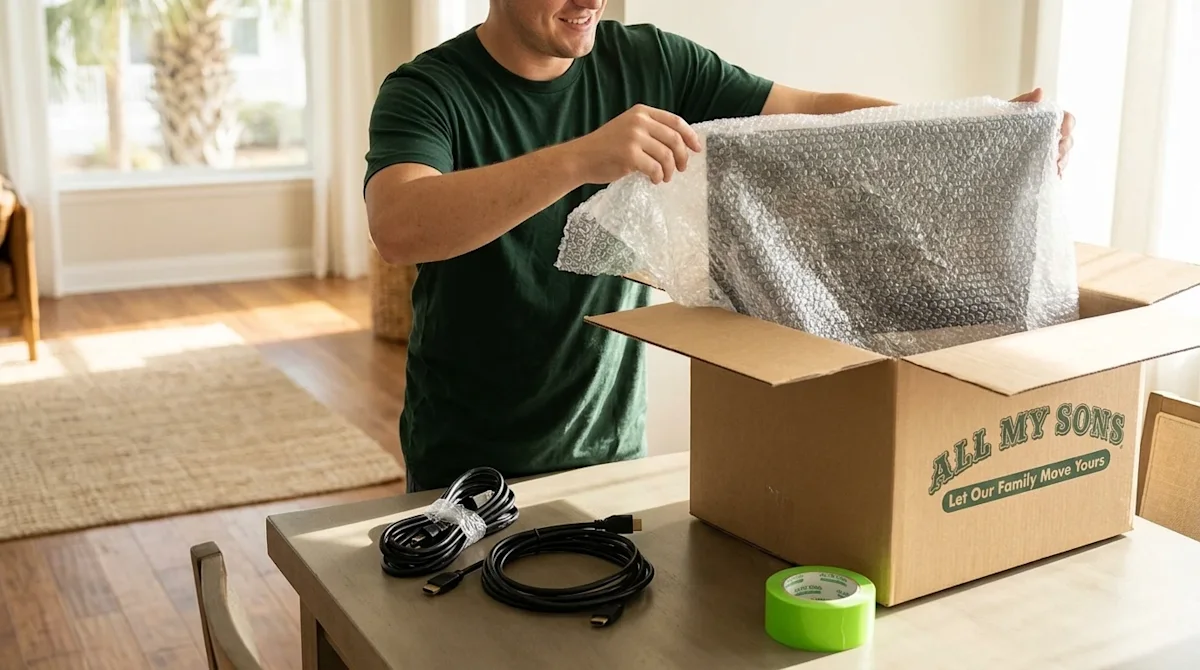 Candid lifestyle photography of a person carefully wrapping a computer monitor and various electronic cables in protective bu