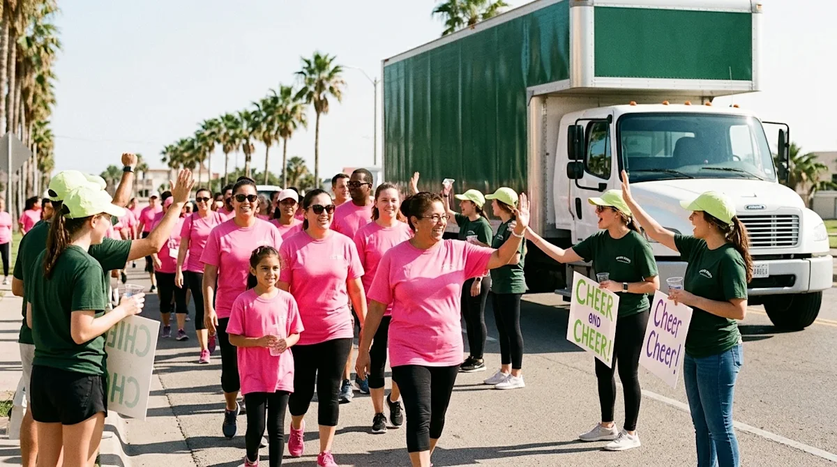 A candid, heartwarming editorial photograph of a bright, sunny community charity walk event in Corpus Christi. A diverse grou