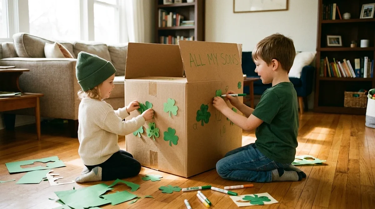 A candid, heartwarming 35mm film photograph of two young children celebrating St. Patrick's Day by playing with a natural bro