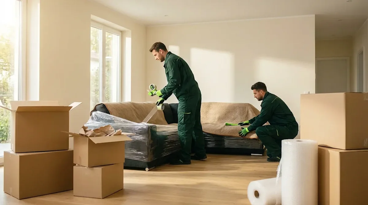 Professional movers in green uniforms wrapping a sectional sofa with protective film near cardboard boxes.