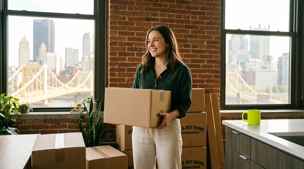 Candid lifestyle photography of a happy young professional woman in her late twenties standing inside a bright, modern loft a