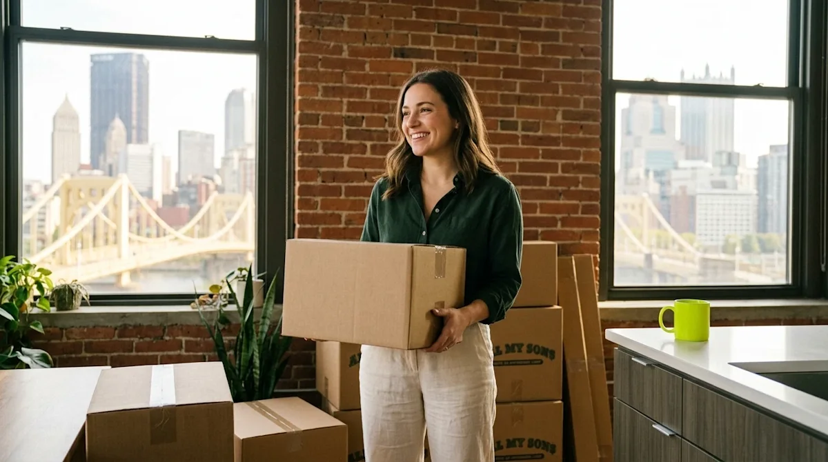 Candid lifestyle photography of a happy young professional woman in her late twenties standing inside a bright, modern loft a