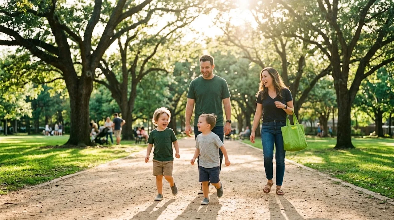 Candid 35mm film photography of a joyful family with two young kids having a fun day out in a sunny, vibrant city park with l