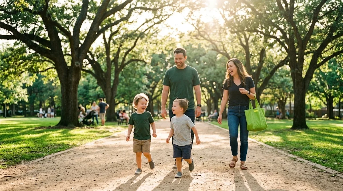 Candid 35mm film photography of a joyful family with two young kids having a fun day out in a sunny, vibrant city park with l
