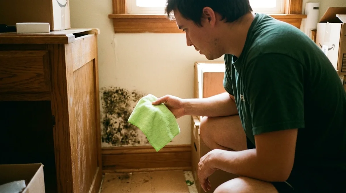A realistic, candid photograph of a person discovering mold in a home, shot in a documentary 35mm film photography style. A p