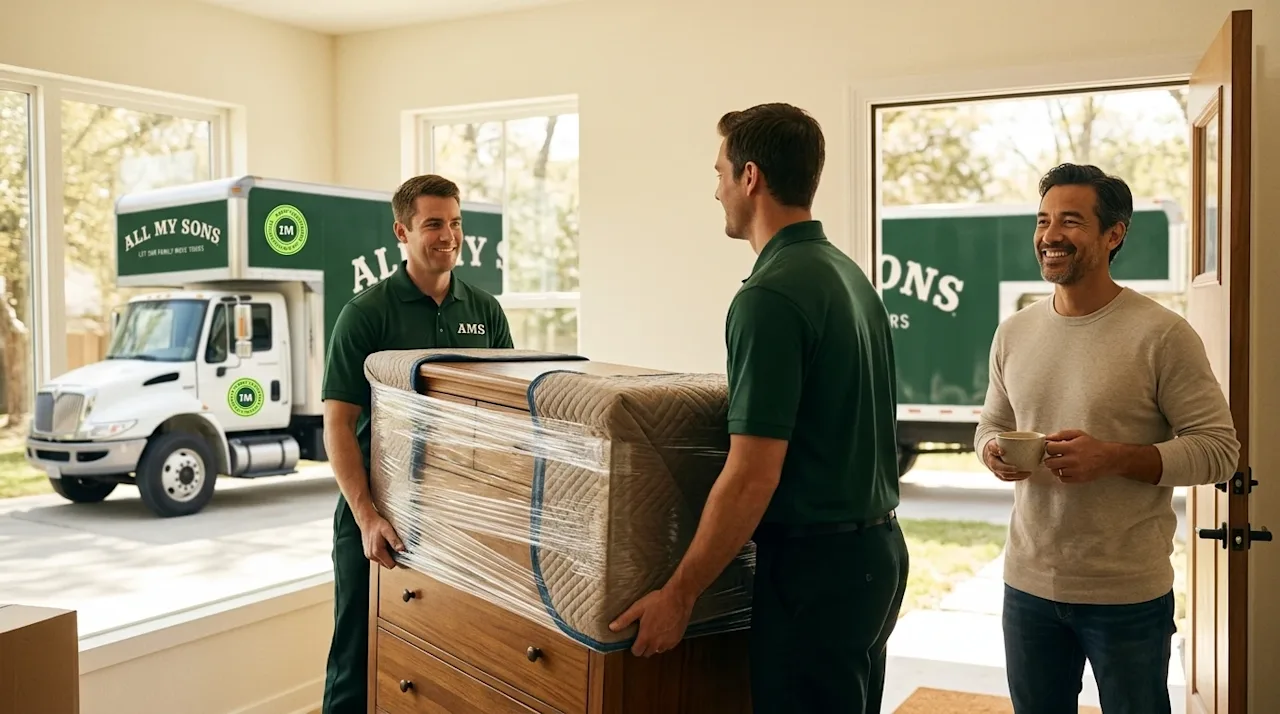 Clear, professional marketing photography of two friendly, reliable movers in clean dark forest green polo shirts carefully c