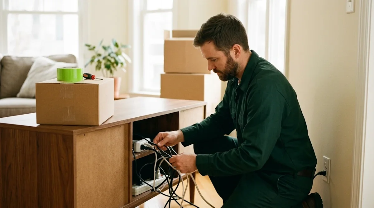 A high-quality lifestyle photograph of a professional mover carefully organizing and inspecting a cluster of electrical cords