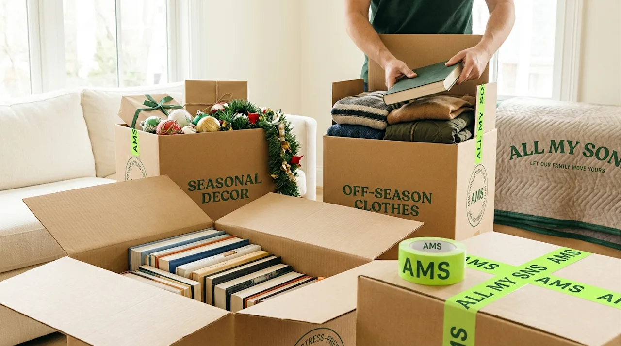 Packing seasonal décor, books, and off-season clothes into labeled All My Sons moving boxes in a bright living room.
