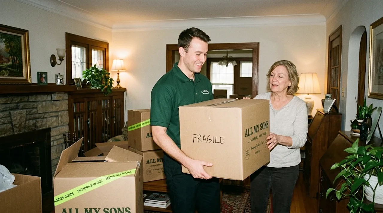 Candid 35mm lifestyle photography of friendly professional movers wearing clean dark forest green polo shirts, helping a home