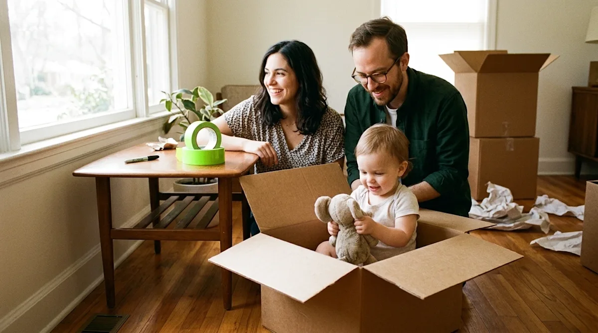 Candid lifestyle photography of a young family moving out of their home, shot on 35mm film with a warm, nostalgic, and authen