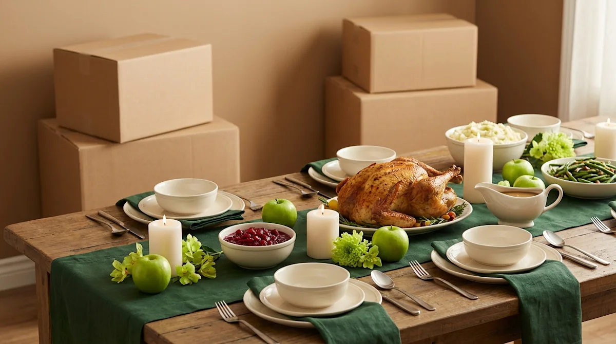 Thanksgiving dinner table with moving boxes in background, celebrating a first holiday in a new home.