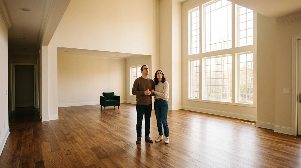Professional marketing lifestyle photography of a massive, cavernous living room in a sprawling luxury home. The room feature