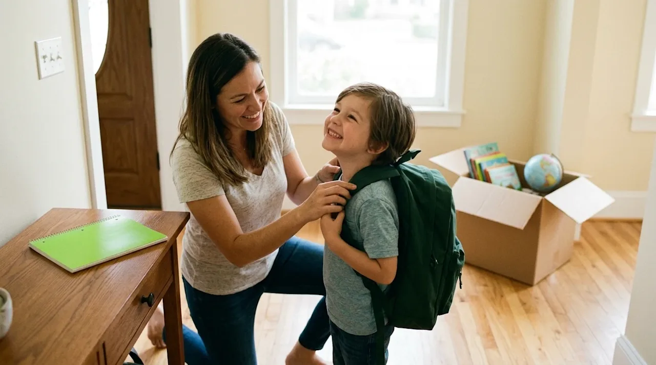 Authentic, candid lifestyle photography of a smiling parent helping their young child put on a dark forest green backpack, ge