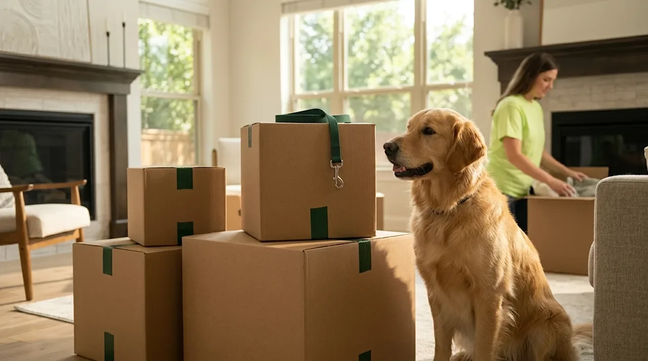 A heartwarming, high-quality lifestyle photograph of a happy Golden Retriever dog sitting patiently next to a neat stack of k