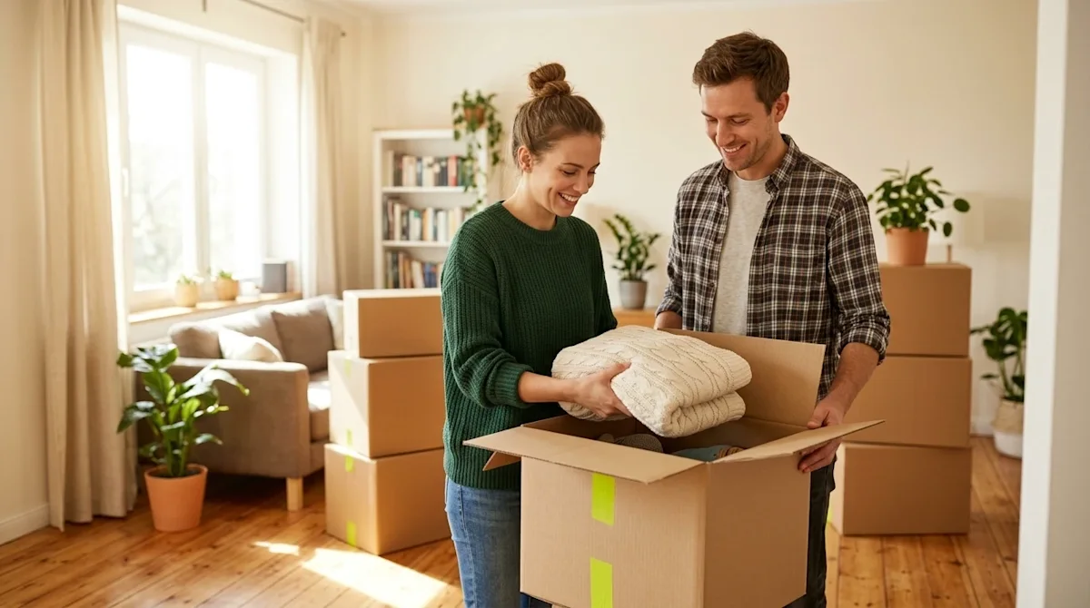 Professional marketing lifestyle photography of a relaxed, happy couple effortlessly packing for a move in a bright, cozy liv