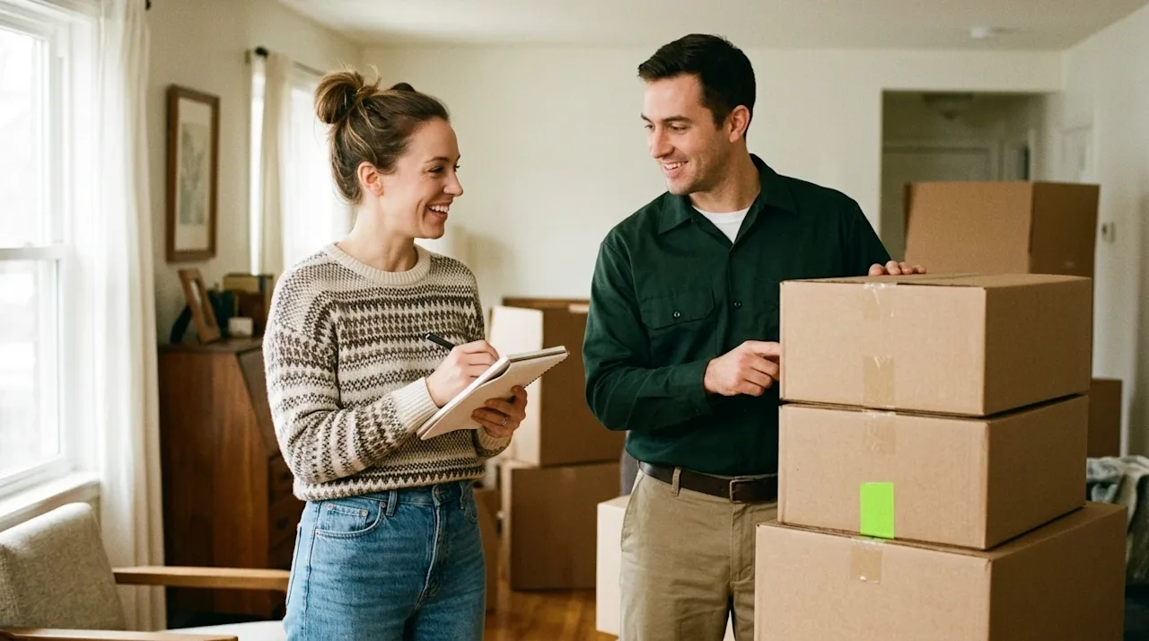 Candid 35mm film photography of a friendly, stress-free interaction between a homeowner and a professional mover inside a war