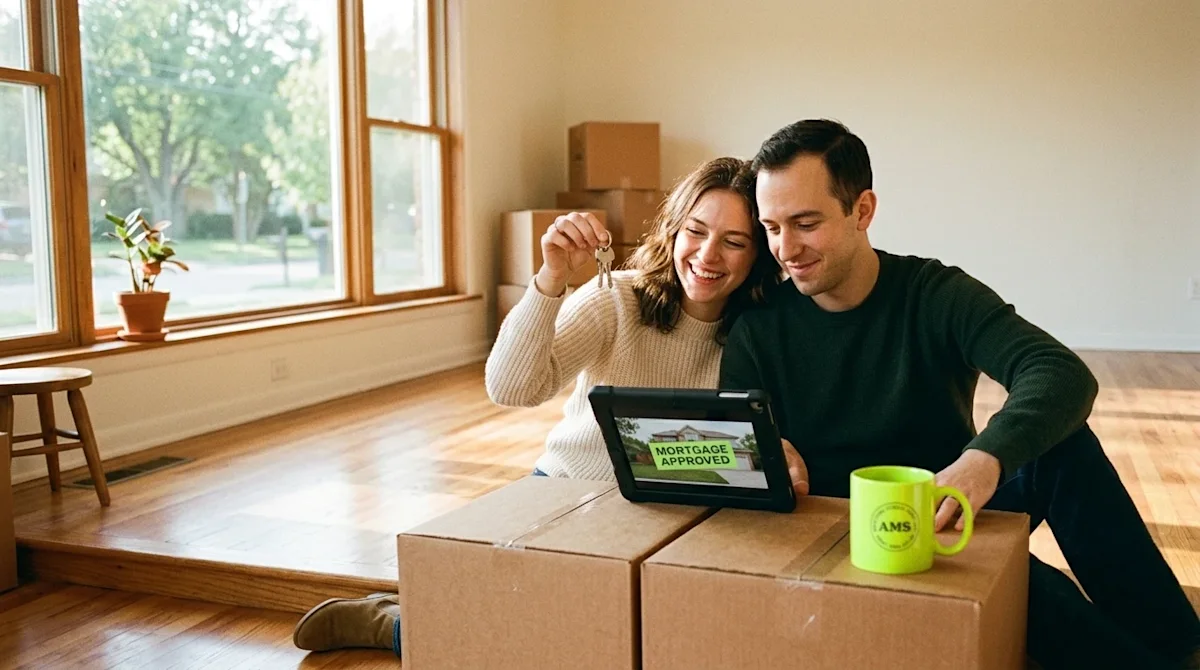 A candid, warm lifestyle photograph of a happy couple sitting on the hardwood floor of their newly purchased home, celebratin