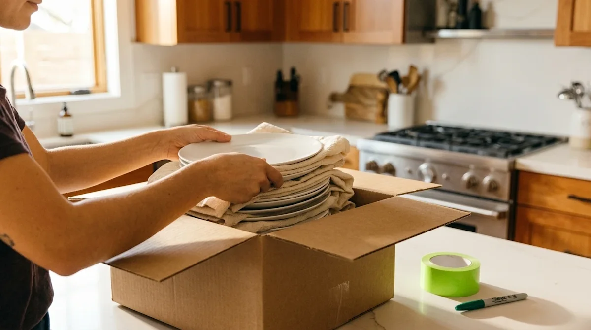 Professional marketing photography for a moving company blog about "Kitchen Packing Hacks". A close-up lifestyle shot of a br