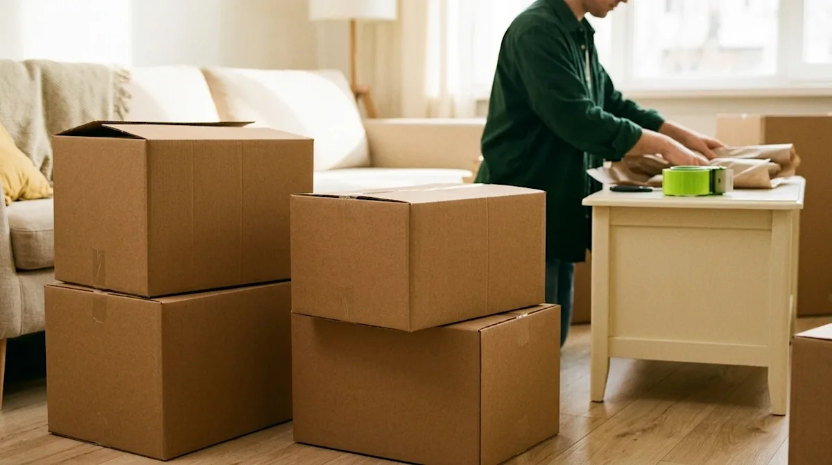 Candid lifestyle photography of an organized home packing process, wide shot suitable for a blog hero image. In the foregroun