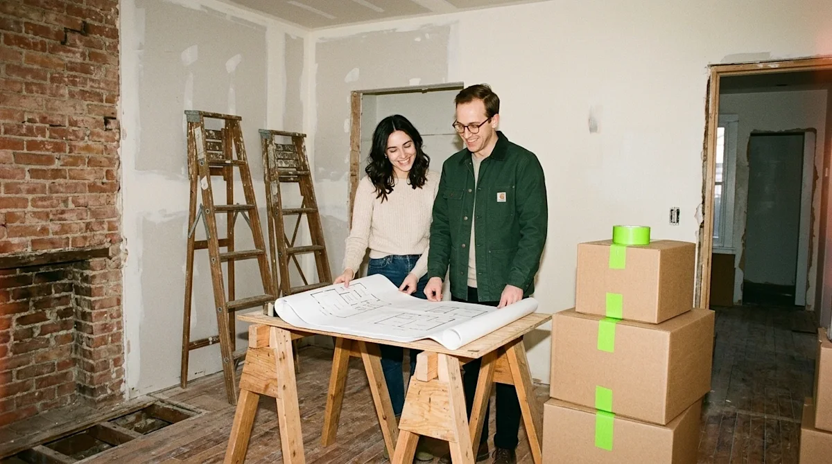 Candid lifestyle photography of a young couple standing inside a fixer-upper home in Denver undergoing renovations, looking h