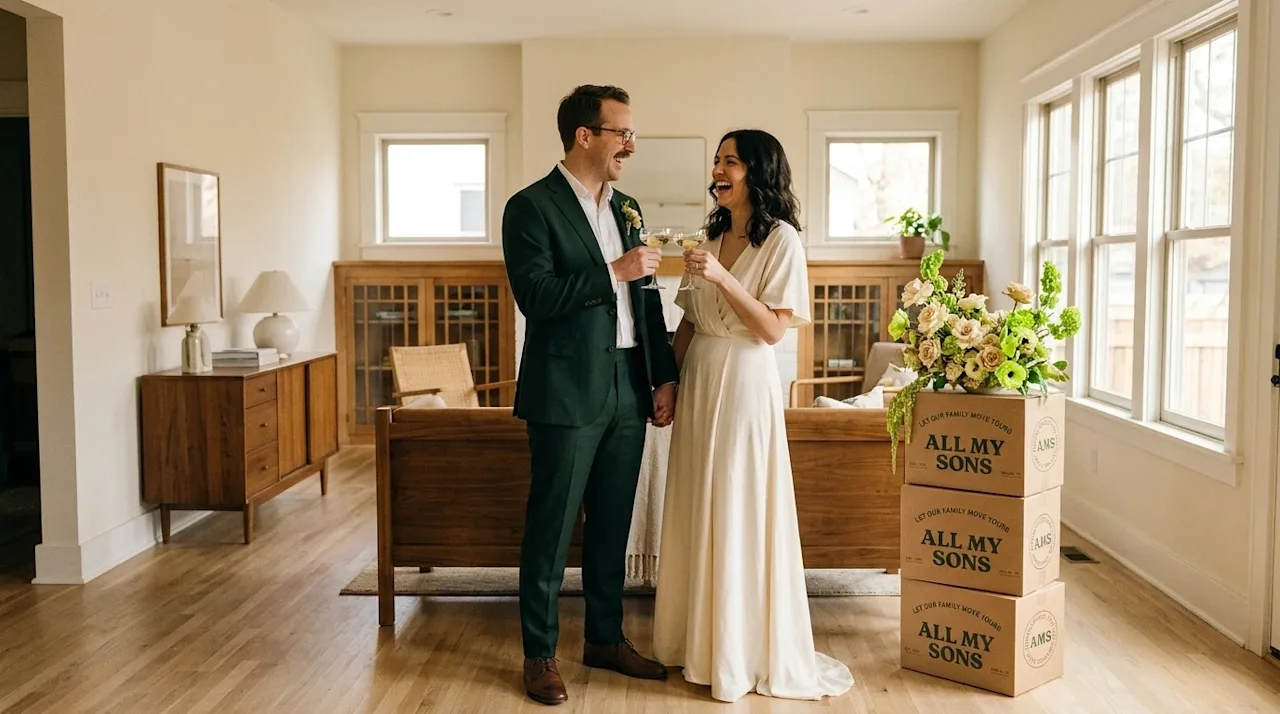 Professional lifestyle marketing photography of a joyful newlywed couple celebrating their intimate home wedding inside the n