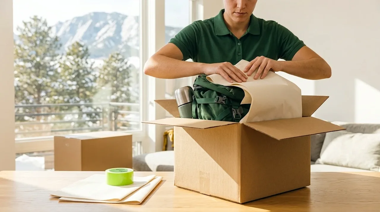 Professional marketing lifestyle photography of a person expertly and carefully packing a high-quality kraft brown cardboard
