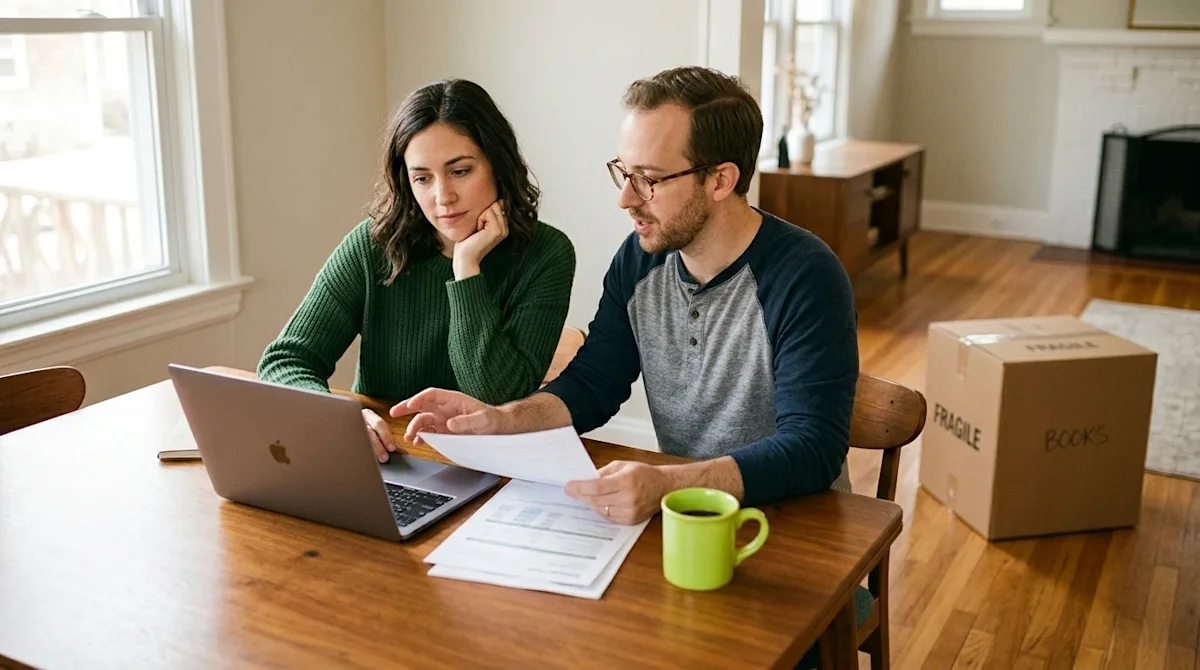 A candid, authentic 35mm film-style lifestyle photograph of a relatable couple sitting at a warm wooden dining table in a sun
