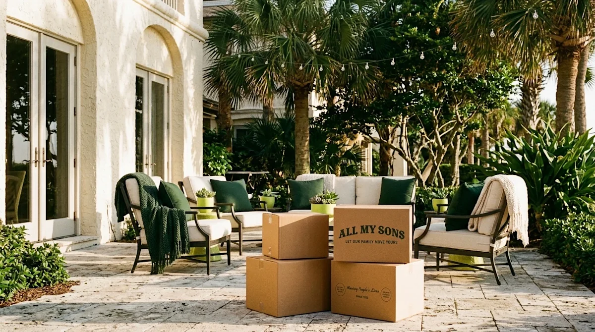 A high-quality lifestyle photograph of an elegant outdoor venue in Ponte Vedra, Florida, featuring a beautiful coastal patio