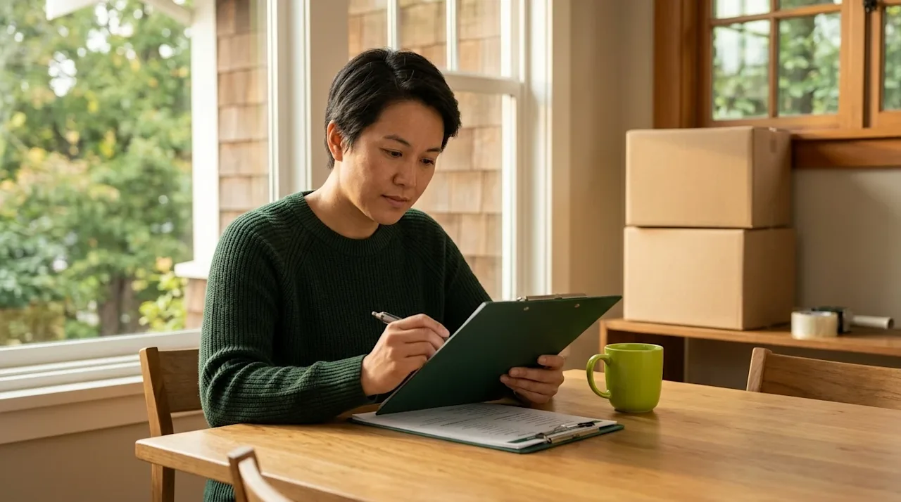 Clear, high-resolution professional marketing photography of a person preparing for a local move in a cozy Portland craftsman