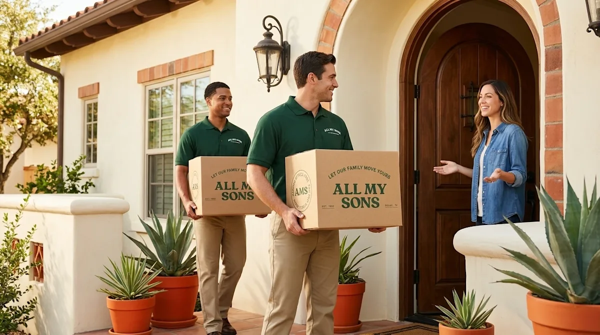 Professional marketing photography, a high-quality eye-level shot of two friendly, professional movers carefully carrying a s